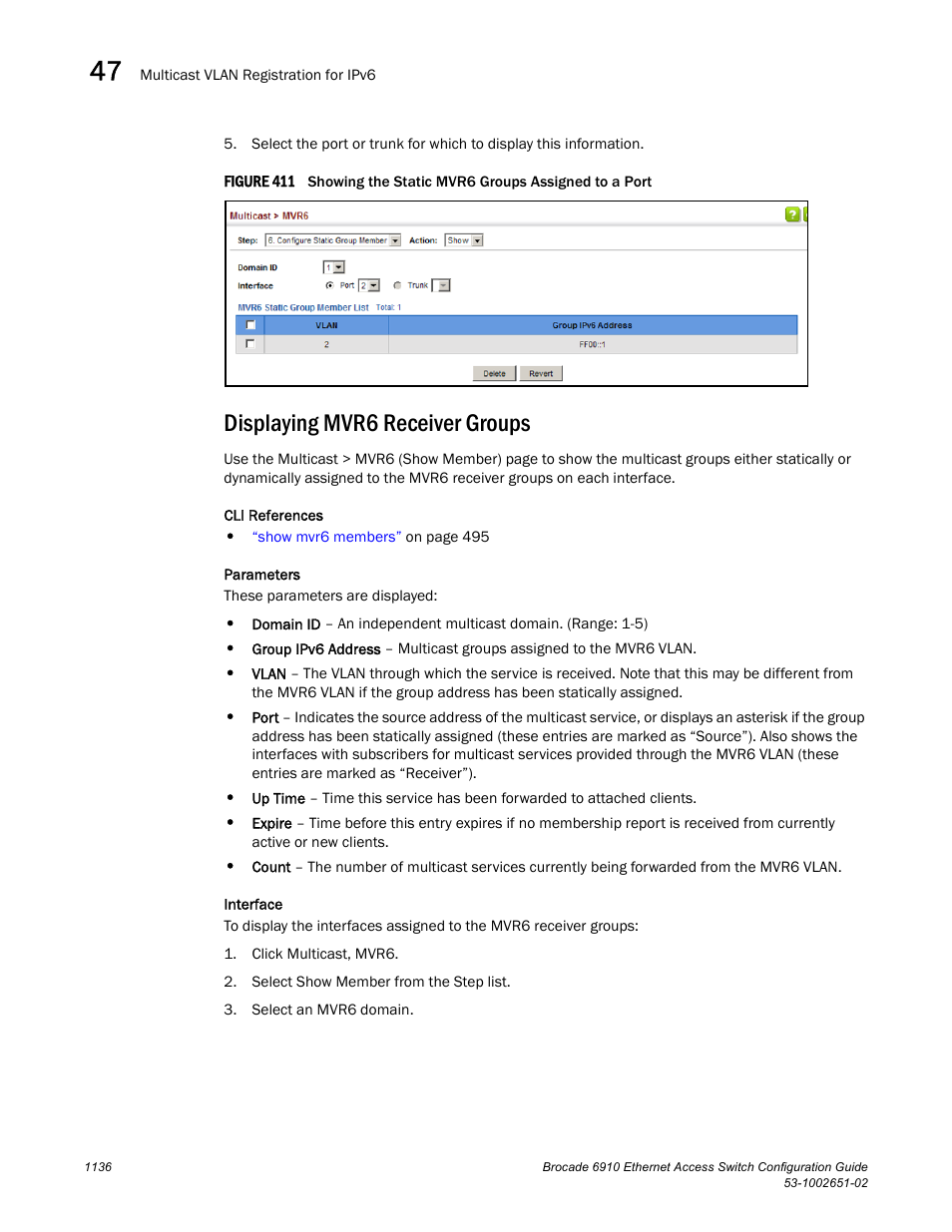 Displaying mvr6 receiver groups, Figure 411 s | Brocade 6910 Ethernet Access Switch Configuration Guide (Supporting R2.2.0.0) User Manual | Page 1192 / 1240