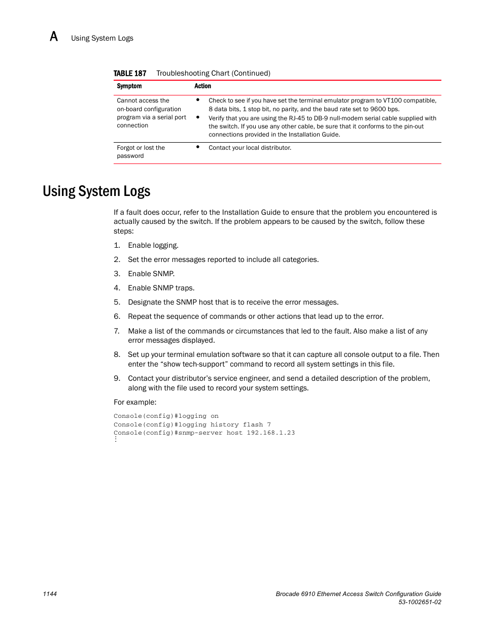 Using system logs | Brocade 6910 Ethernet Access Switch Configuration Guide (Supporting R2.2.0.0) User Manual | Page 1200 / 1240