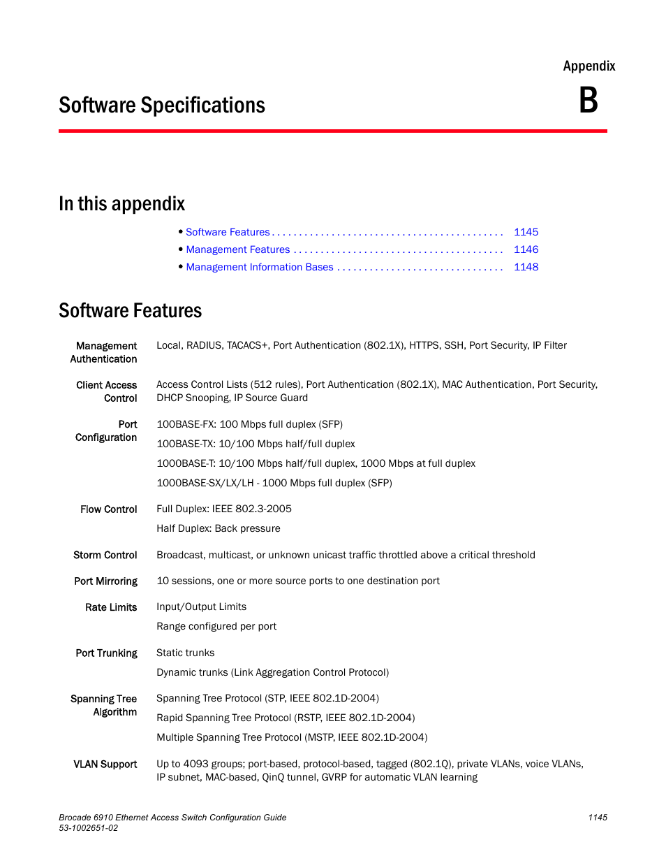 Software specifications, Software features, Appendix b | Software specifications 5, Appendix | Brocade 6910 Ethernet Access Switch Configuration Guide (Supporting R2.2.0.0) User Manual | Page 1201 / 1240