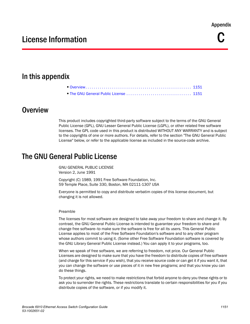 License information, Overview, The gnu general public license | Appendix c, The gnu general public license 1 | Brocade 6910 Ethernet Access Switch Configuration Guide (Supporting R2.2.0.0) User Manual | Page 1207 / 1240