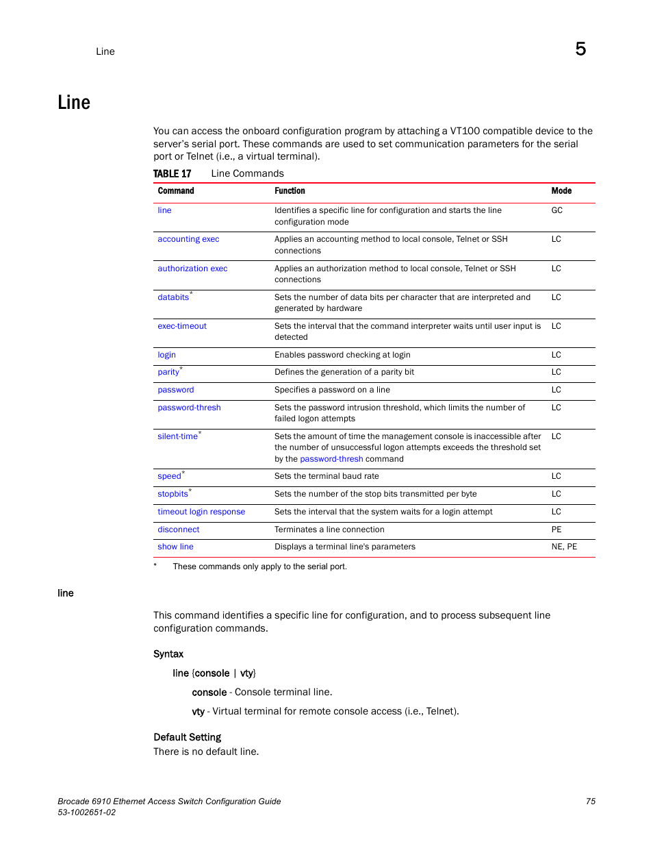 Line, Table 17 | Brocade 6910 Ethernet Access Switch Configuration Guide (Supporting R2.2.0.0) User Manual | Page 131 / 1240