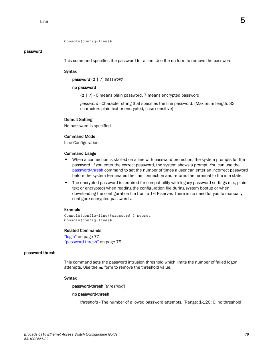 Password, Password-thresh, Password password-thresh | Brocade 6910 Ethernet Access Switch Configuration Guide (Supporting R2.2.0.0) User Manual | Page 135 / 1240