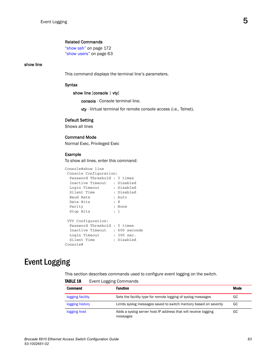 Show line, Event logging, Table 18 | Brocade 6910 Ethernet Access Switch Configuration Guide (Supporting R2.2.0.0) User Manual | Page 139 / 1240