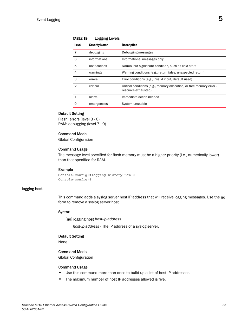 Logging host, Table 19 | Brocade 6910 Ethernet Access Switch Configuration Guide (Supporting R2.2.0.0) User Manual | Page 141 / 1240