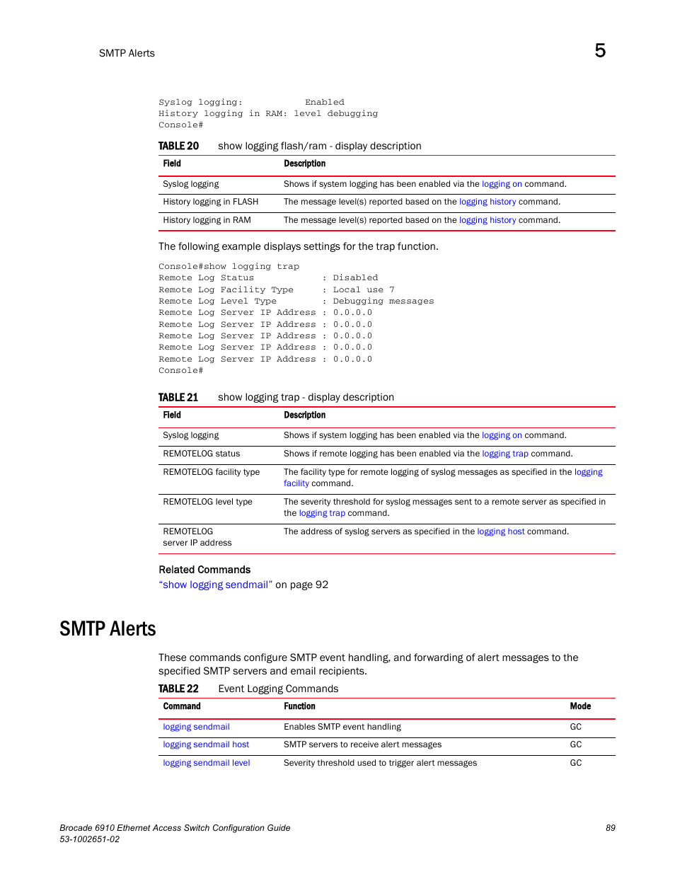 Smtp alerts, Table 20, Table 21 | Table 22 | Brocade 6910 Ethernet Access Switch Configuration Guide (Supporting R2.2.0.0) User Manual | Page 145 / 1240