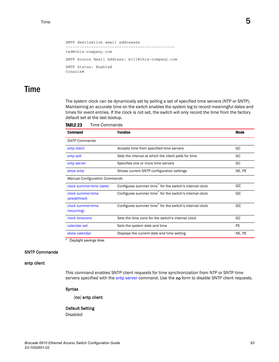 Time, Sntp commands, Sntp client | Table 23 | Brocade 6910 Ethernet Access Switch Configuration Guide (Supporting R2.2.0.0) User Manual | Page 149 / 1240