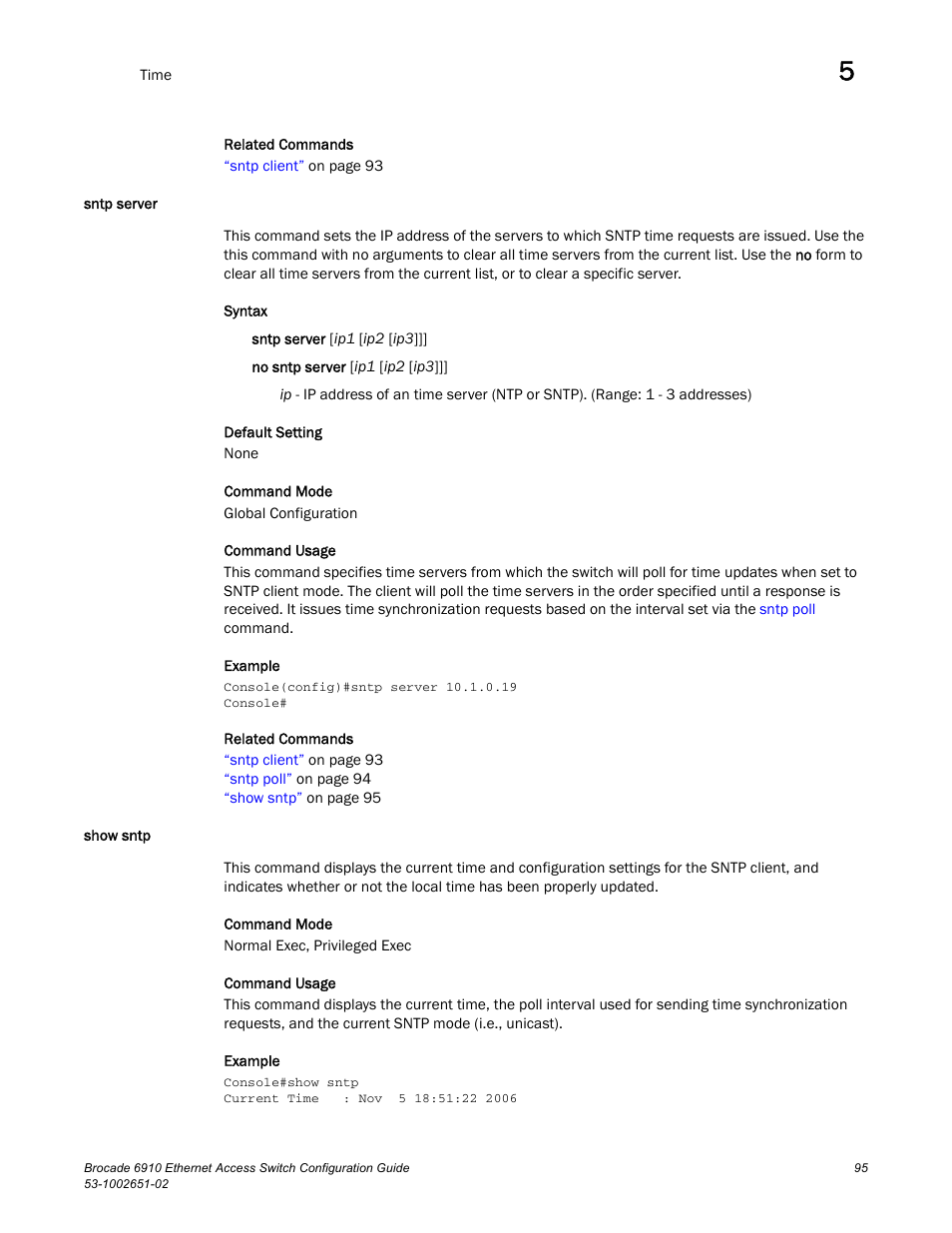 Sntp server, Show sntp, Sntp server show sntp | Brocade 6910 Ethernet Access Switch Configuration Guide (Supporting R2.2.0.0) User Manual | Page 151 / 1240