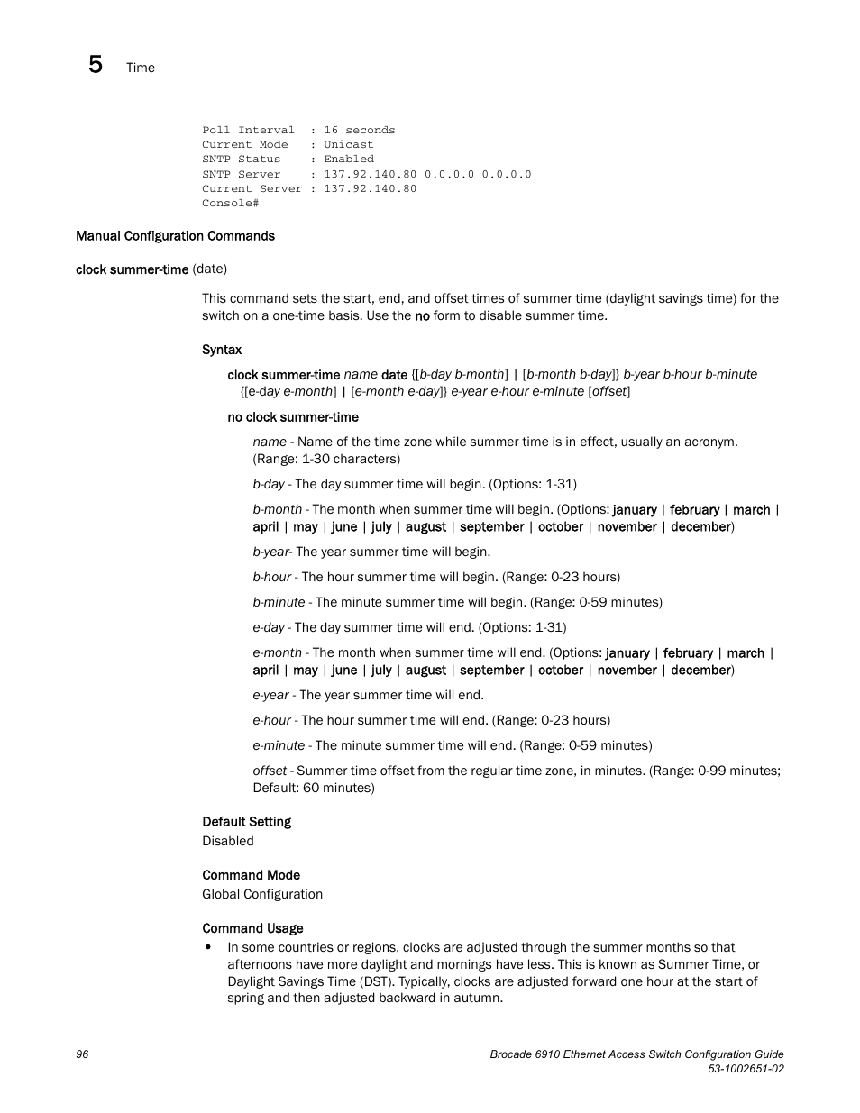 Manual configuration commands, Clock summer-time (date), Clock | Summer-time (date) | Brocade 6910 Ethernet Access Switch Configuration Guide (Supporting R2.2.0.0) User Manual | Page 152 / 1240