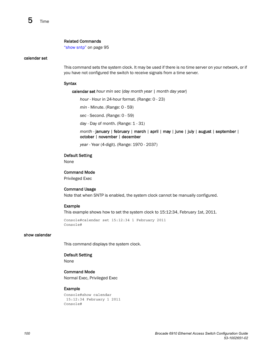 Calendar set, Show calendar, Calendar set show calendar | Brocade 6910 Ethernet Access Switch Configuration Guide (Supporting R2.2.0.0) User Manual | Page 156 / 1240