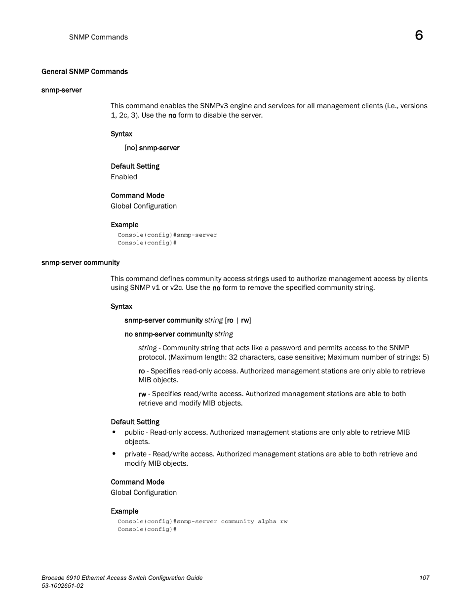 General snmp commands, Snmp-server, Snmp-server community | Snmp-server snmp-server community | Brocade 6910 Ethernet Access Switch Configuration Guide (Supporting R2.2.0.0) User Manual | Page 163 / 1240