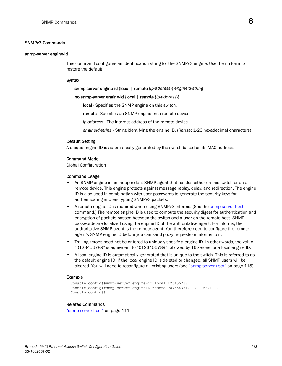 Snmpv3 commands, Snmp-server engine-id | Brocade 6910 Ethernet Access Switch Configuration Guide (Supporting R2.2.0.0) User Manual | Page 169 / 1240