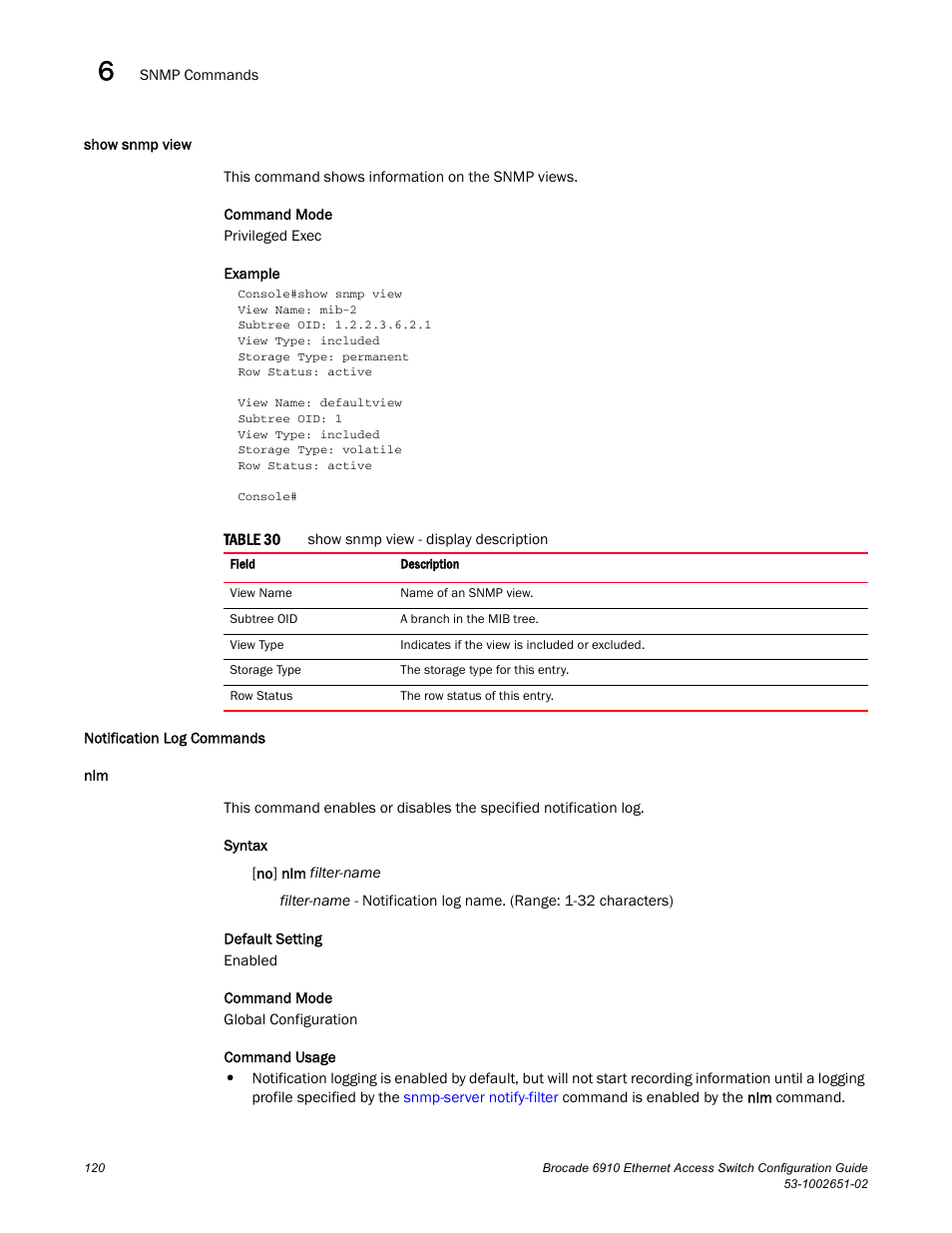 Show snmp view, Notification log commands, Table 30 | Brocade 6910 Ethernet Access Switch Configuration Guide (Supporting R2.2.0.0) User Manual | Page 176 / 1240