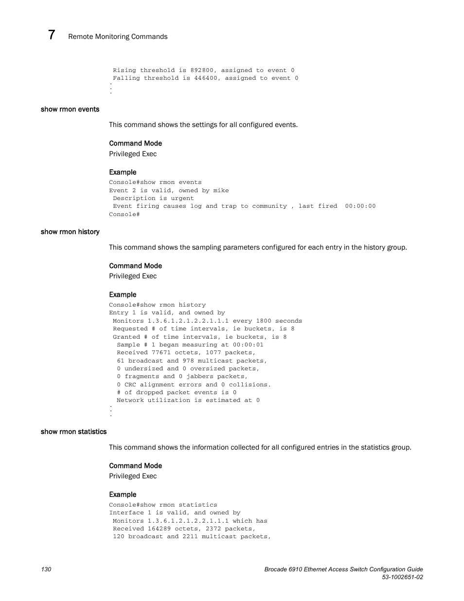 Show rmon events, Show rmon history, Show rmon statistics | Brocade 6910 Ethernet Access Switch Configuration Guide (Supporting R2.2.0.0) User Manual | Page 186 / 1240