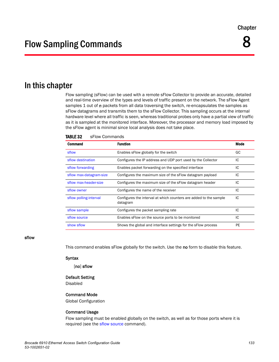 Flow sampling commands, Sflow, Chapter 8 | Table 32, Chapter | Brocade 6910 Ethernet Access Switch Configuration Guide (Supporting R2.2.0.0) User Manual | Page 189 / 1240