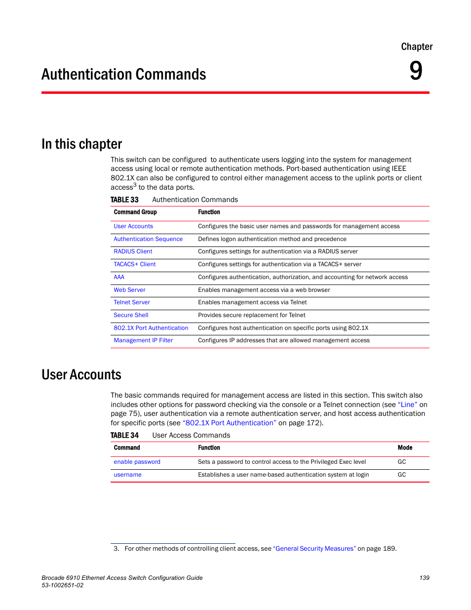 Authentication commands, User accounts, Chapter 9 | Table 33, Table 34, Chapter | Brocade 6910 Ethernet Access Switch Configuration Guide (Supporting R2.2.0.0) User Manual | Page 195 / 1240