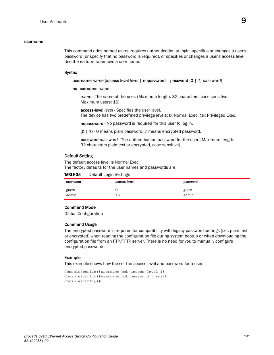 Username, Table 35, Comm | Brocade 6910 Ethernet Access Switch Configuration Guide (Supporting R2.2.0.0) User Manual | Page 197 / 1240