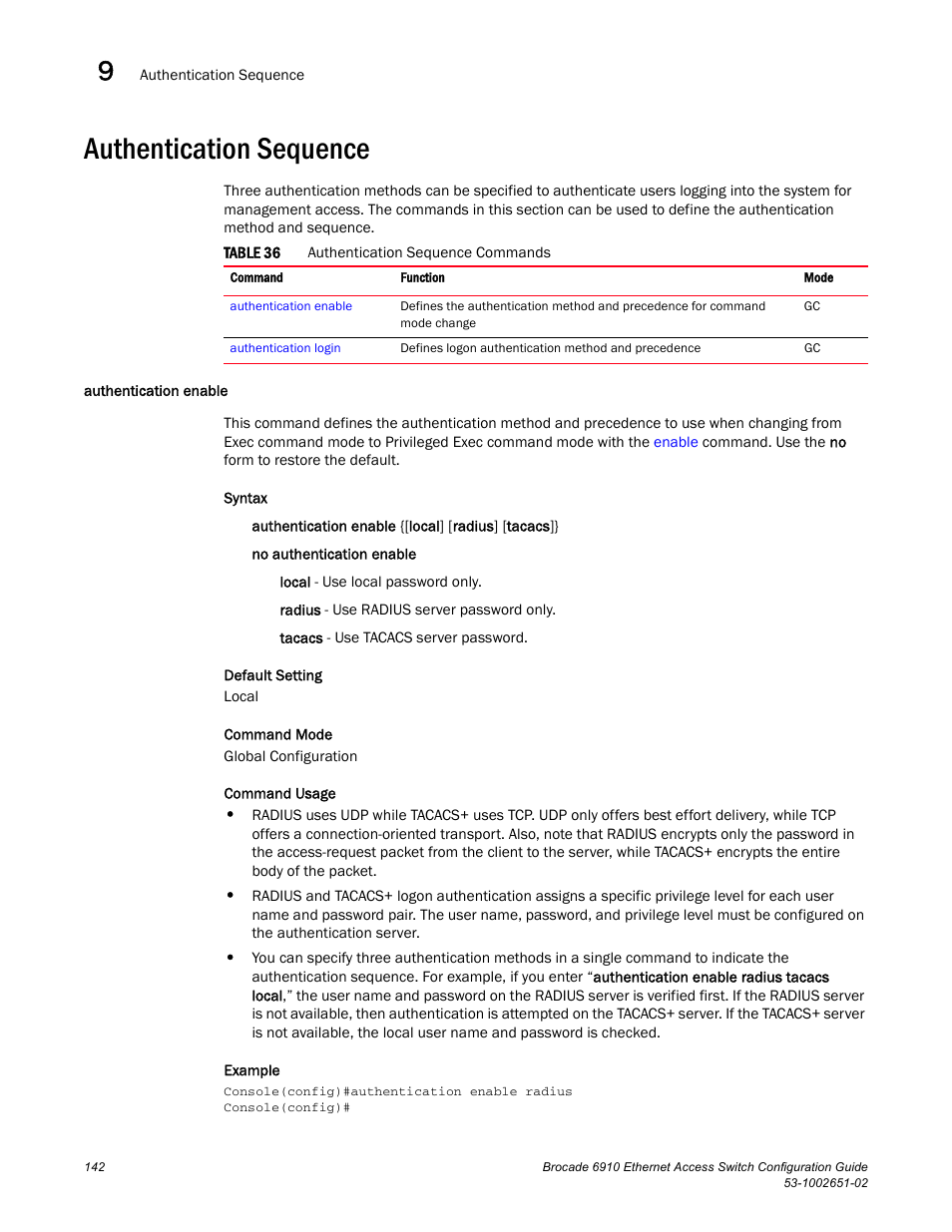 Authentication sequence, Authentication enable, Table 36 | Brocade 6910 Ethernet Access Switch Configuration Guide (Supporting R2.2.0.0) User Manual | Page 198 / 1240