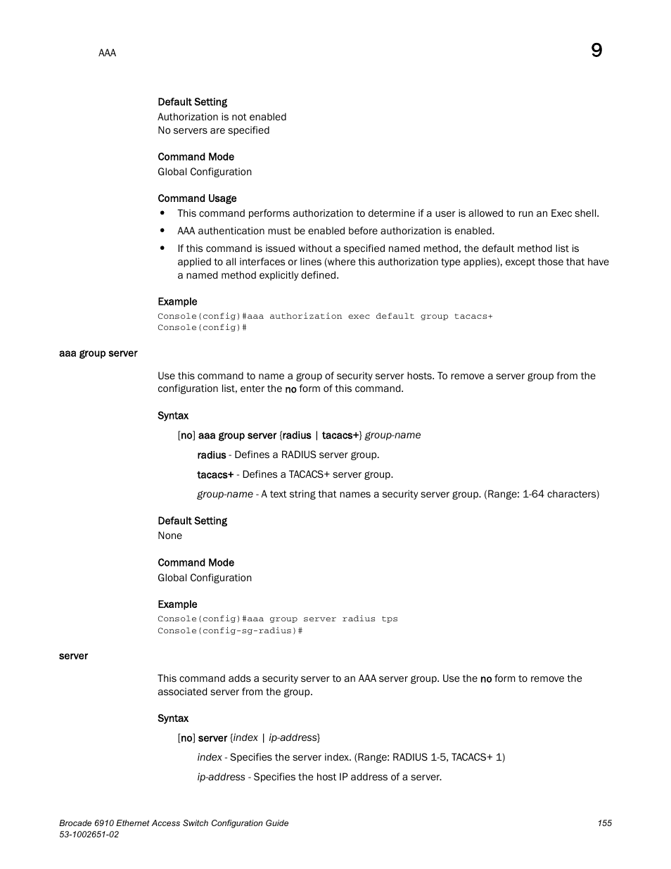 Aaa group server, Server, Aaa group server server | Aaa group | Brocade 6910 Ethernet Access Switch Configuration Guide (Supporting R2.2.0.0) User Manual | Page 211 / 1240