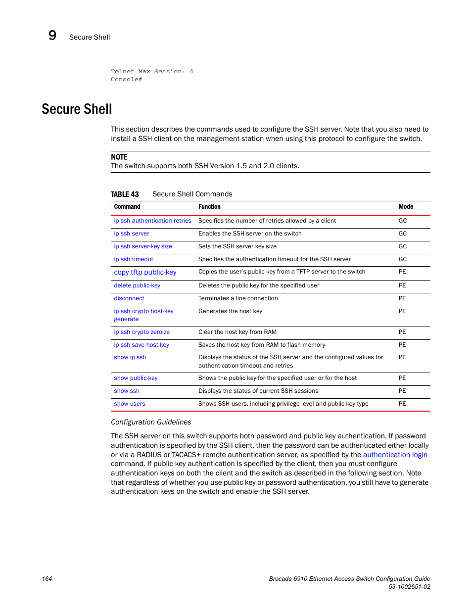 Secure shell, Table 43, Secure | Shell | Brocade 6910 Ethernet Access Switch Configuration Guide (Supporting R2.2.0.0) User Manual | Page 220 / 1240