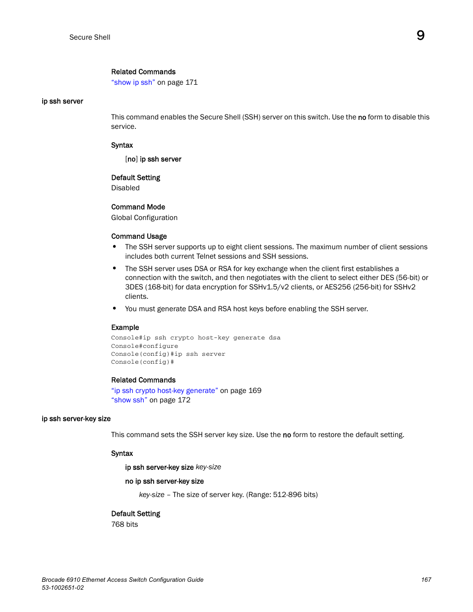 Ip ssh server, Ip ssh server-key size, Ip ssh server ip ssh server-key size | Brocade 6910 Ethernet Access Switch Configuration Guide (Supporting R2.2.0.0) User Manual | Page 223 / 1240