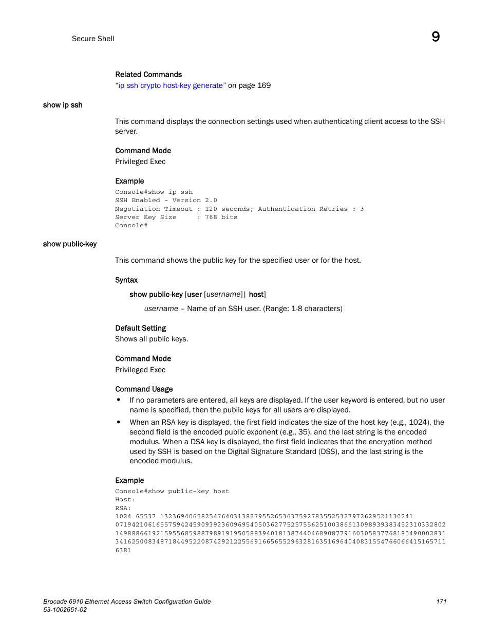 Show ip ssh, Show public-key, Show ip ssh show public-key | Brocade 6910 Ethernet Access Switch Configuration Guide (Supporting R2.2.0.0) User Manual | Page 227 / 1240