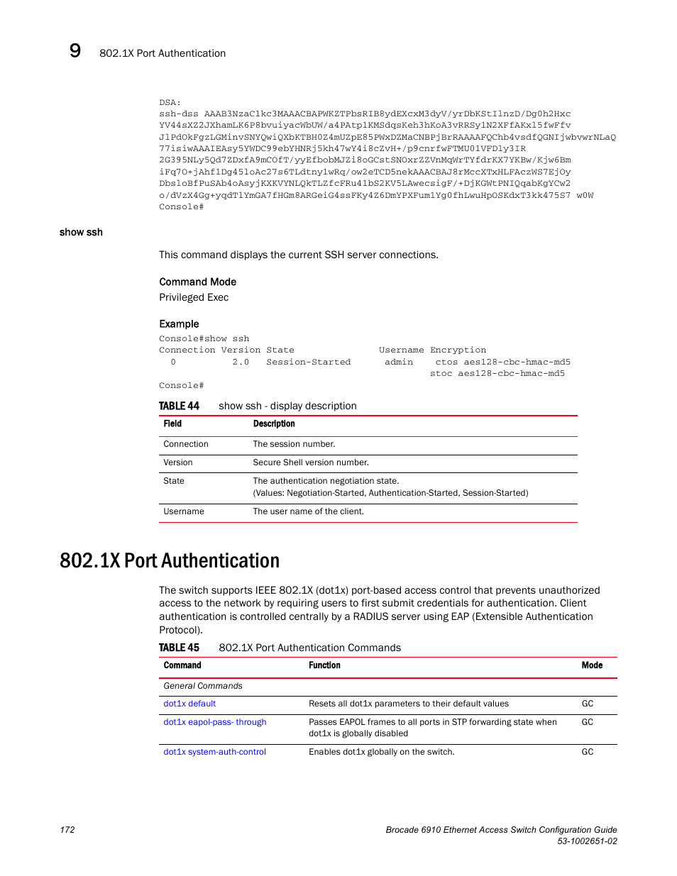 Show ssh, 1x port authentication, Table 44 | Table 45 | Brocade 6910 Ethernet Access Switch Configuration Guide (Supporting R2.2.0.0) User Manual | Page 228 / 1240