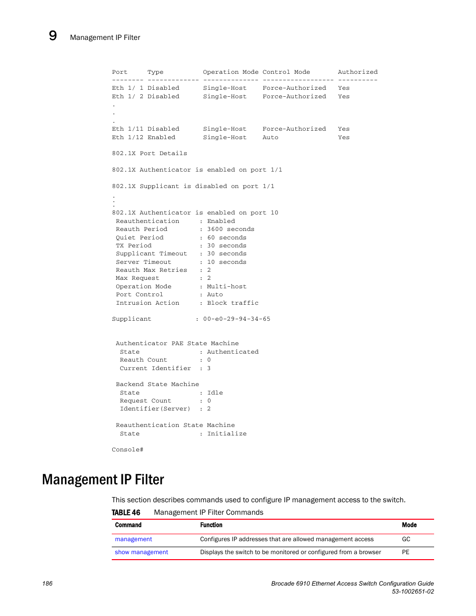 Management ip filter, Table 46 | Brocade 6910 Ethernet Access Switch Configuration Guide (Supporting R2.2.0.0) User Manual | Page 242 / 1240