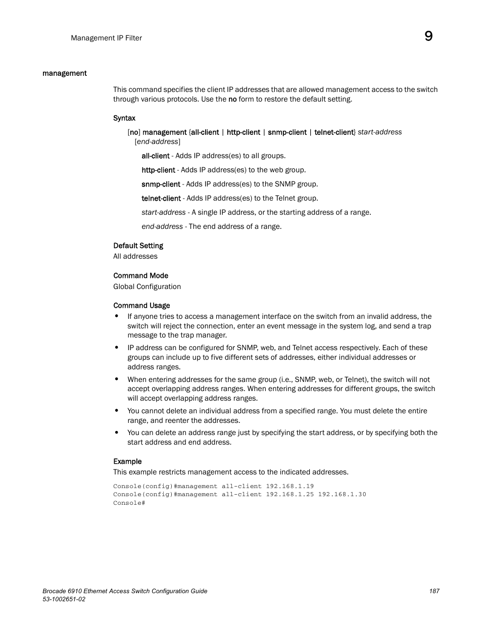 Management | Brocade 6910 Ethernet Access Switch Configuration Guide (Supporting R2.2.0.0) User Manual | Page 243 / 1240