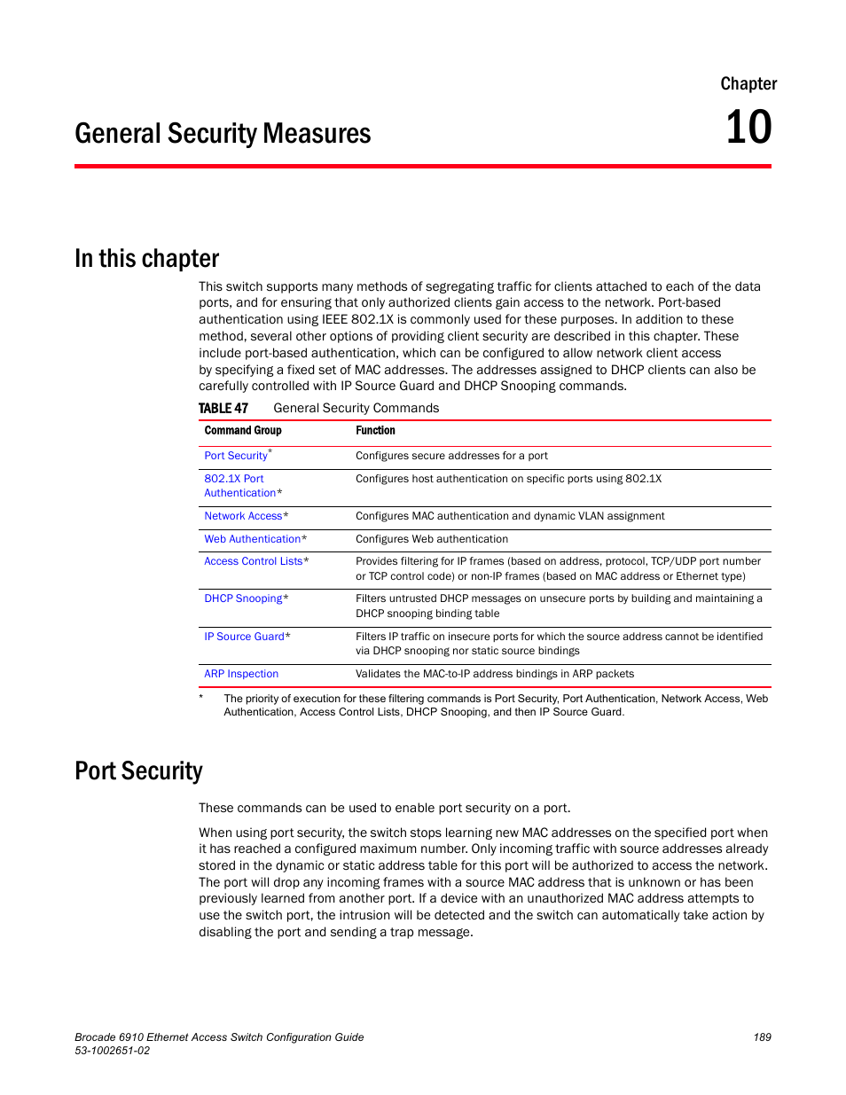 General security measures, Port security, Chapter 10 | Table 47, Chapter | Brocade 6910 Ethernet Access Switch Configuration Guide (Supporting R2.2.0.0) User Manual | Page 245 / 1240