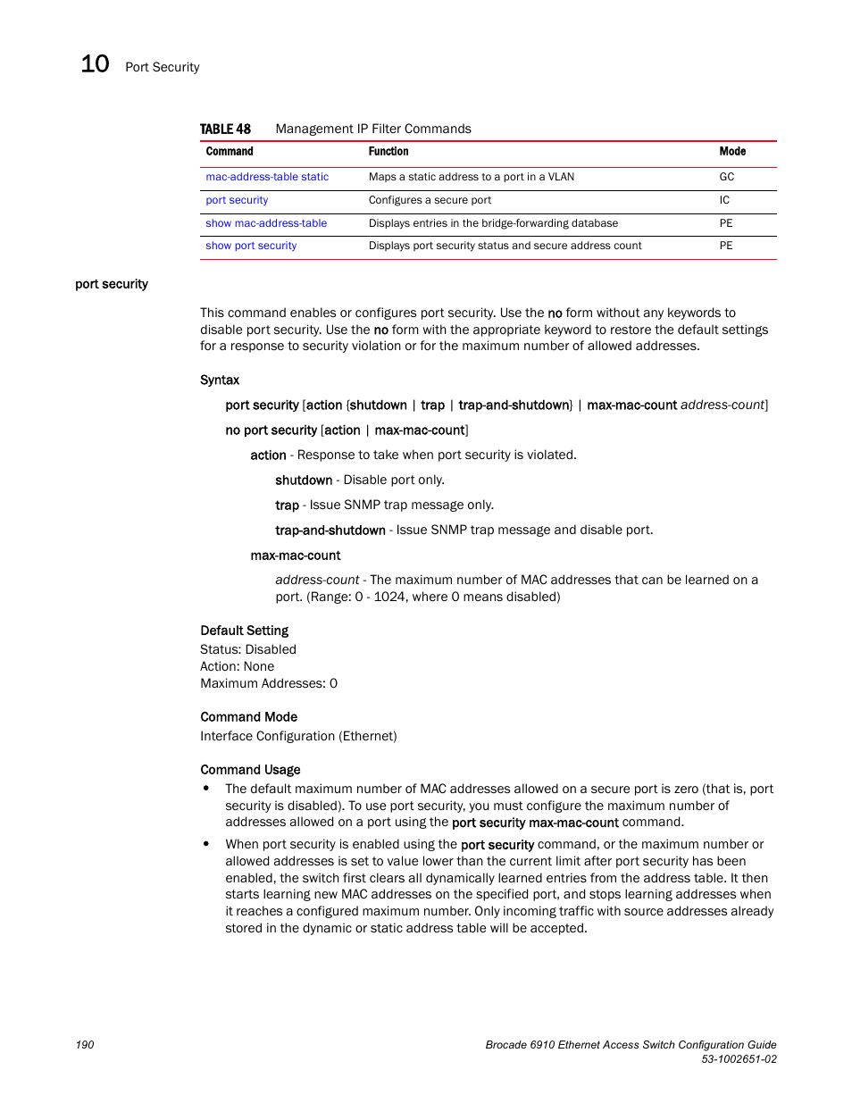 Port security, Table 48 | Brocade 6910 Ethernet Access Switch Configuration Guide (Supporting R2.2.0.0) User Manual | Page 246 / 1240