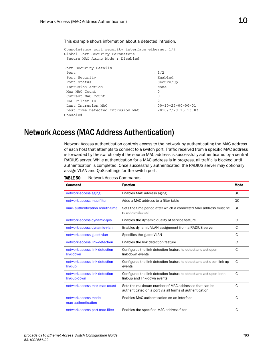 Network access (mac address authentication), Table 50, Network access | Brocade 6910 Ethernet Access Switch Configuration Guide (Supporting R2.2.0.0) User Manual | Page 249 / 1240