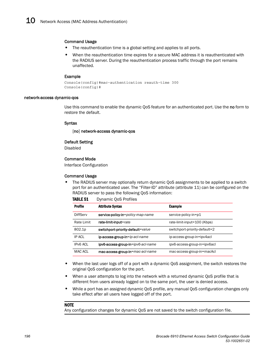 Network-access dynamic-qos, Table 51 | Brocade 6910 Ethernet Access Switch Configuration Guide (Supporting R2.2.0.0) User Manual | Page 252 / 1240