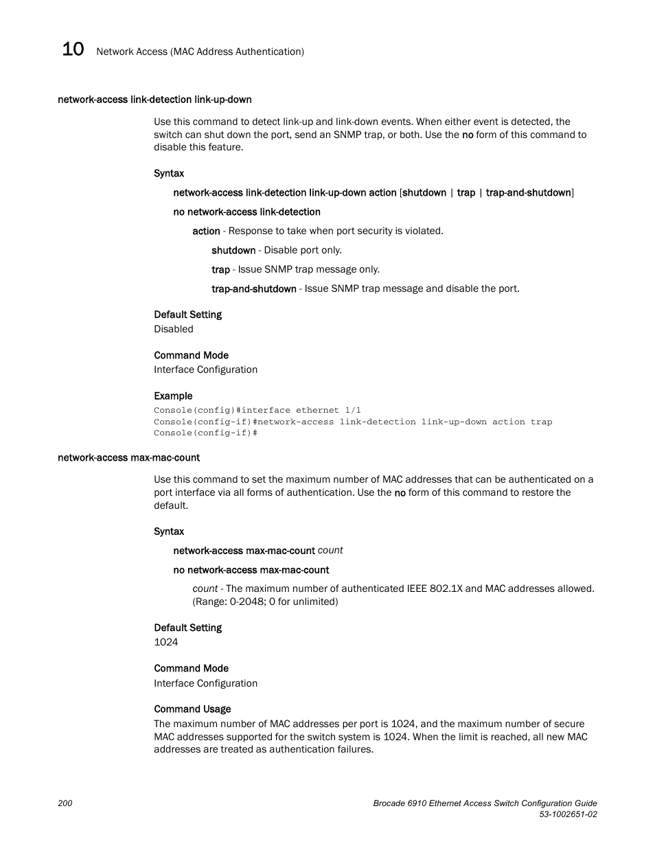 Network-access link-detection link-up-down, Network-access max-mac-count | Brocade 6910 Ethernet Access Switch Configuration Guide (Supporting R2.2.0.0) User Manual | Page 256 / 1240