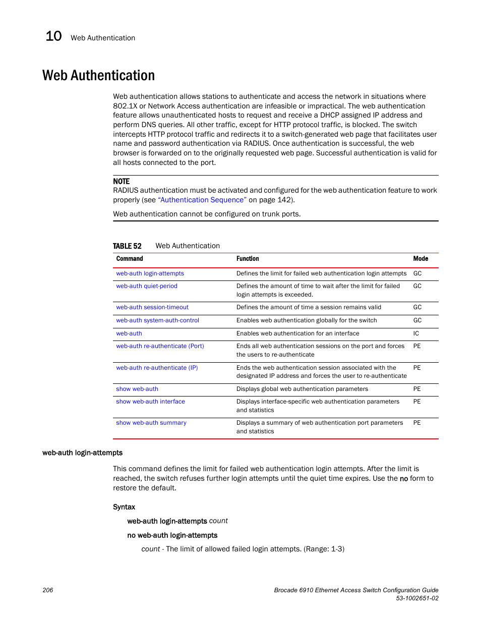 Web authentication, Web-auth login-attempts, Table 52 | Brocade 6910 Ethernet Access Switch Configuration Guide (Supporting R2.2.0.0) User Manual | Page 262 / 1240