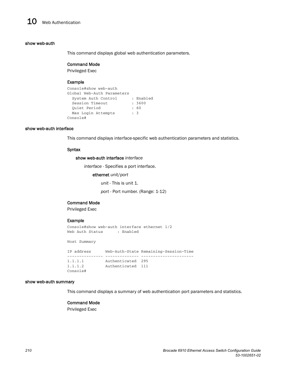 Show web-auth, Show web-auth interface, Show web-auth summary | Brocade 6910 Ethernet Access Switch Configuration Guide (Supporting R2.2.0.0) User Manual | Page 266 / 1240