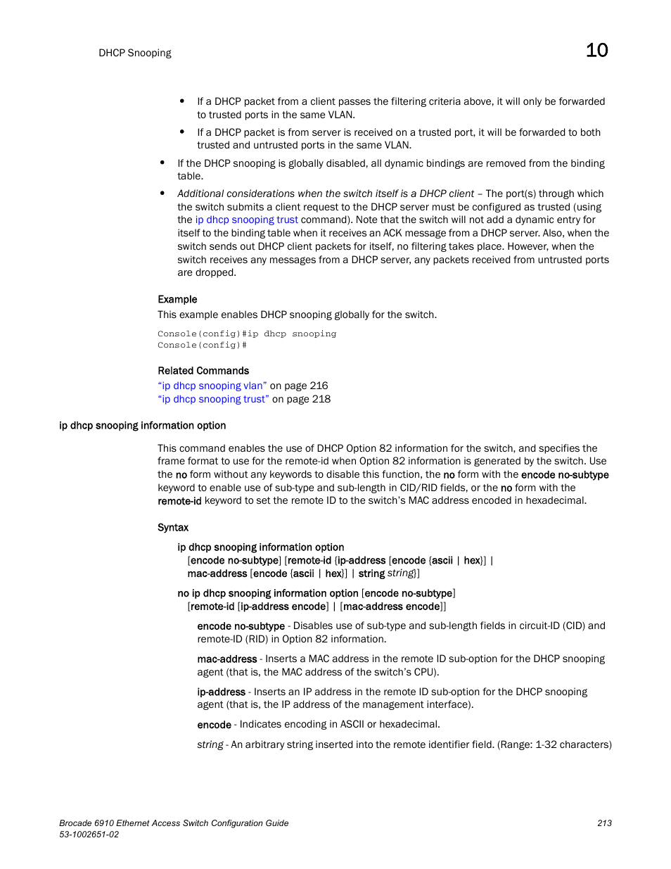 Ip dhcp snooping information option | Brocade 6910 Ethernet Access Switch Configuration Guide (Supporting R2.2.0.0) User Manual | Page 269 / 1240