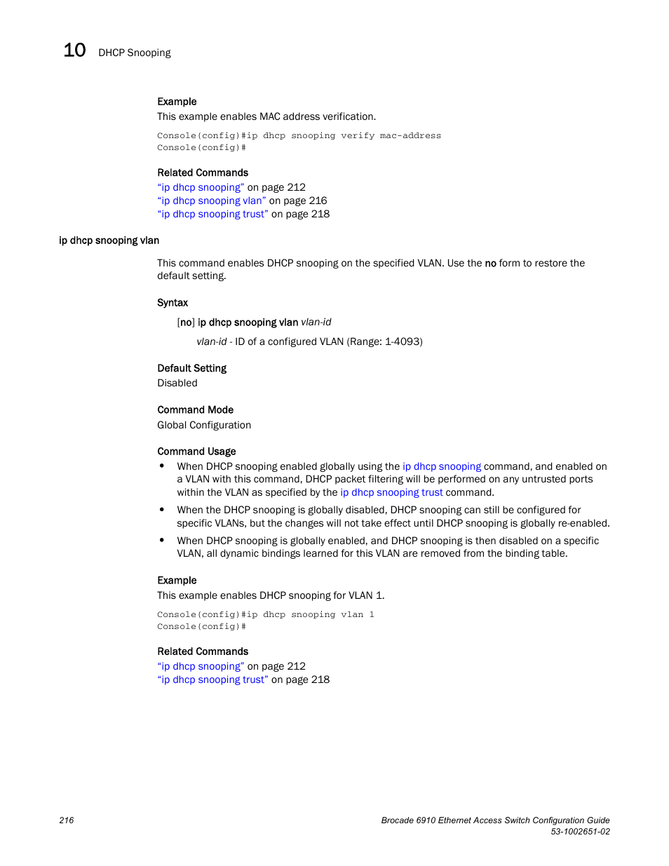 Ip dhcp snooping vlan | Brocade 6910 Ethernet Access Switch Configuration Guide (Supporting R2.2.0.0) User Manual | Page 272 / 1240