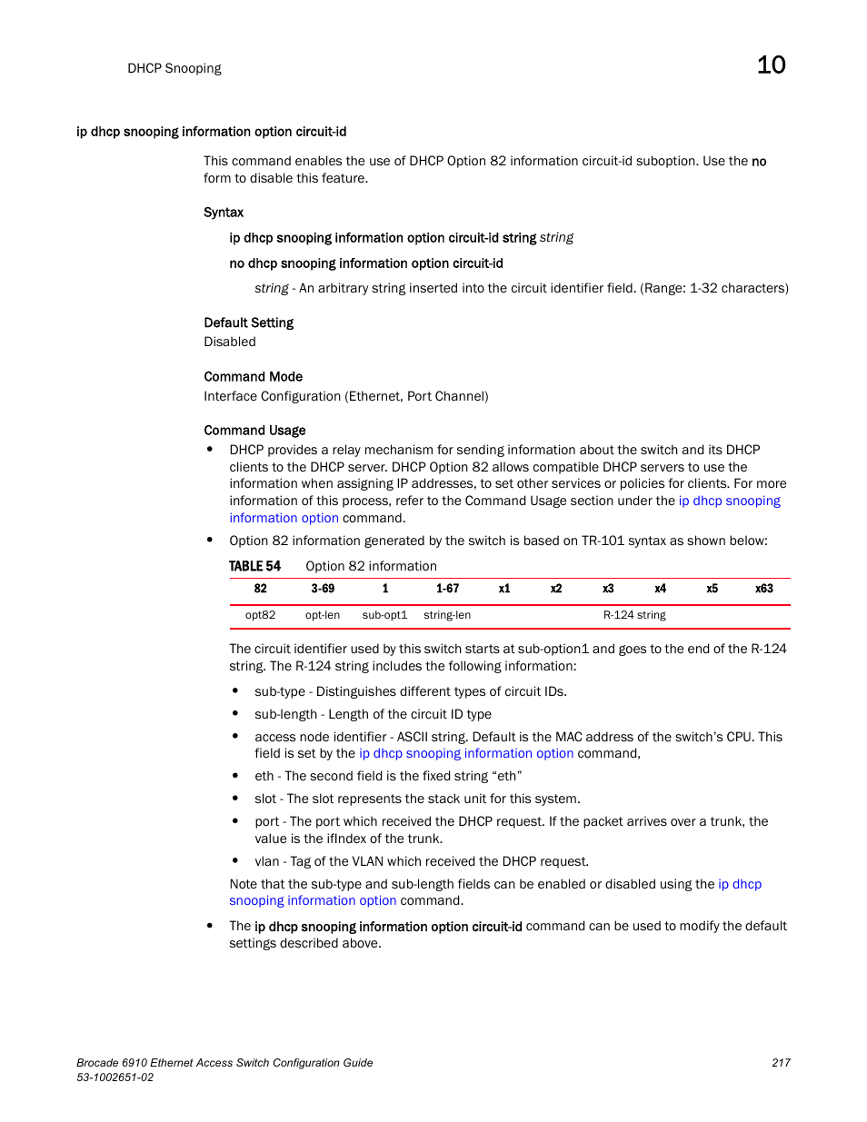 Ip dhcp snooping information option circuit-id, Table 54 | Brocade 6910 Ethernet Access Switch Configuration Guide (Supporting R2.2.0.0) User Manual | Page 273 / 1240