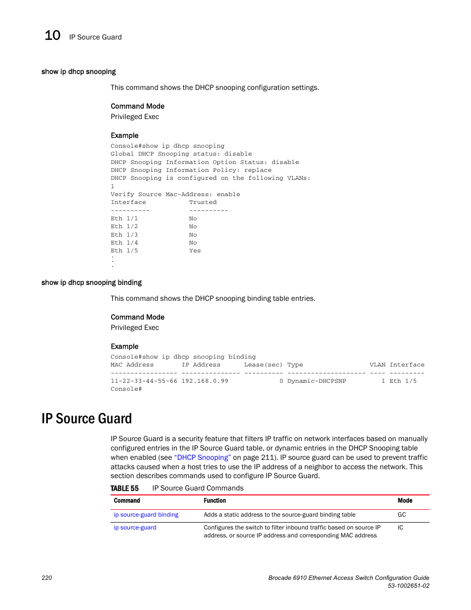 Show ip dhcp snooping, Show ip dhcp snooping binding, Ip source guard | Table 55 | Brocade 6910 Ethernet Access Switch Configuration Guide (Supporting R2.2.0.0) User Manual | Page 276 / 1240