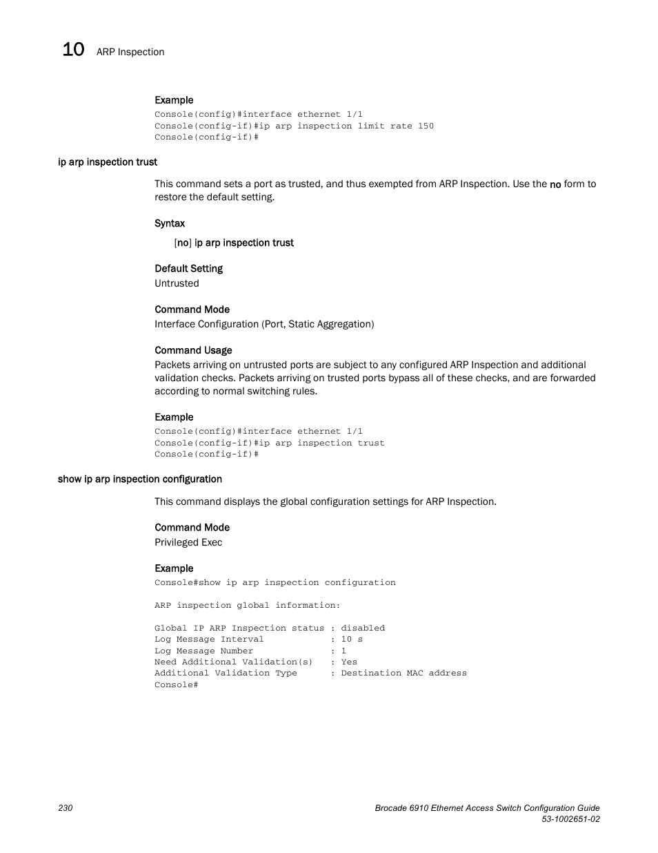 Ip arp inspection trust, Show ip arp inspection configuration | Brocade 6910 Ethernet Access Switch Configuration Guide (Supporting R2.2.0.0) User Manual | Page 286 / 1240