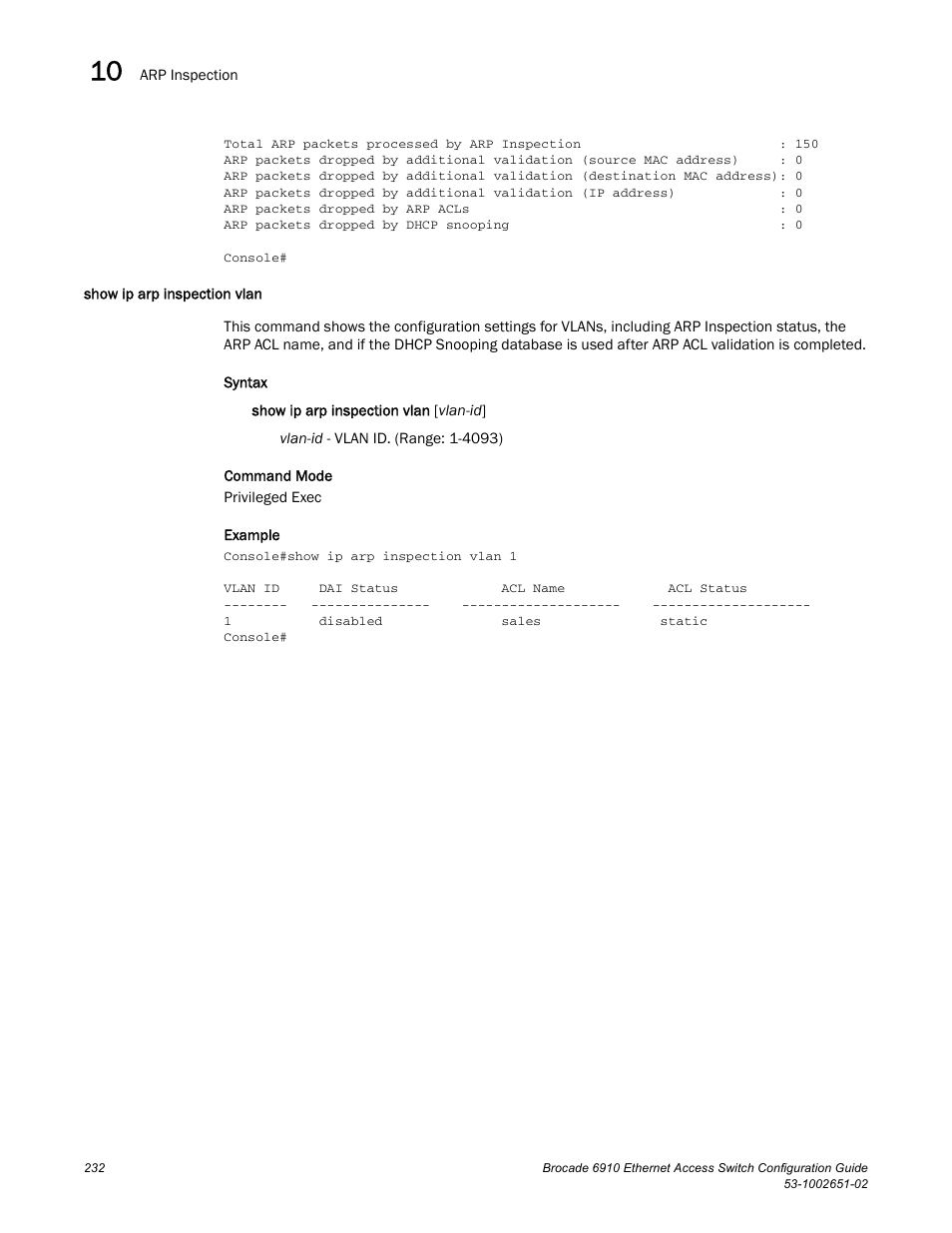 Show ip arp inspection vlan | Brocade 6910 Ethernet Access Switch Configuration Guide (Supporting R2.2.0.0) User Manual | Page 288 / 1240