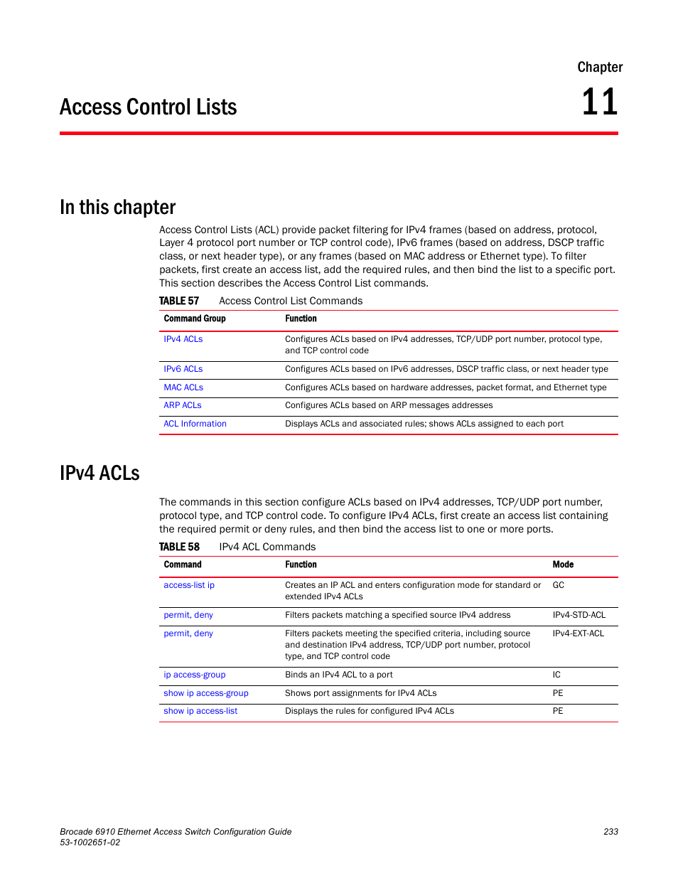 Access control lists, Ipv4 acls, Chapter 11 | Table 57, Table 58, Chapter | Brocade 6910 Ethernet Access Switch Configuration Guide (Supporting R2.2.0.0) User Manual | Page 289 / 1240