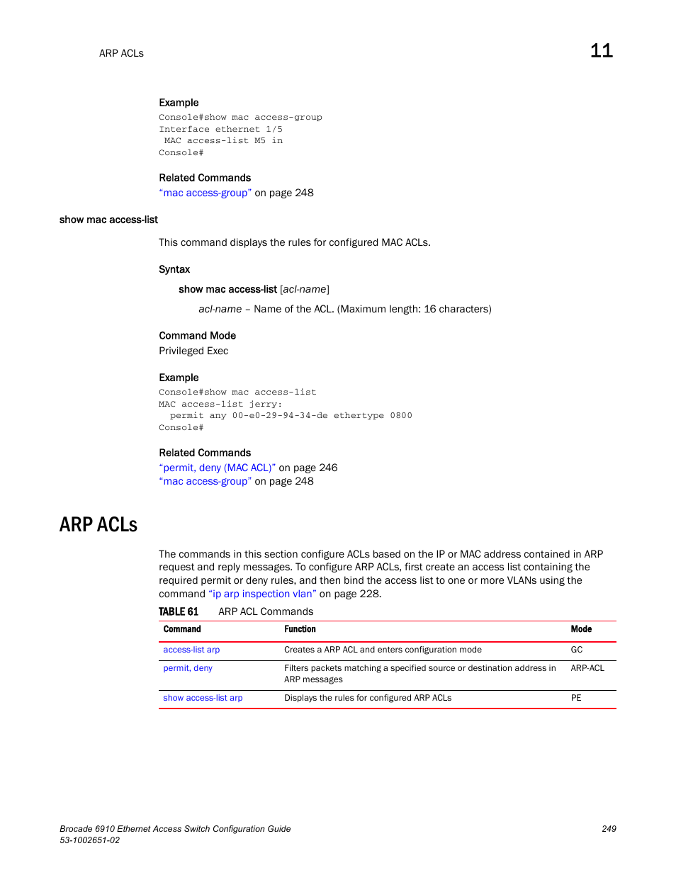 Show mac access-list, Arp acls, Table 61 | Brocade 6910 Ethernet Access Switch Configuration Guide (Supporting R2.2.0.0) User Manual | Page 305 / 1240