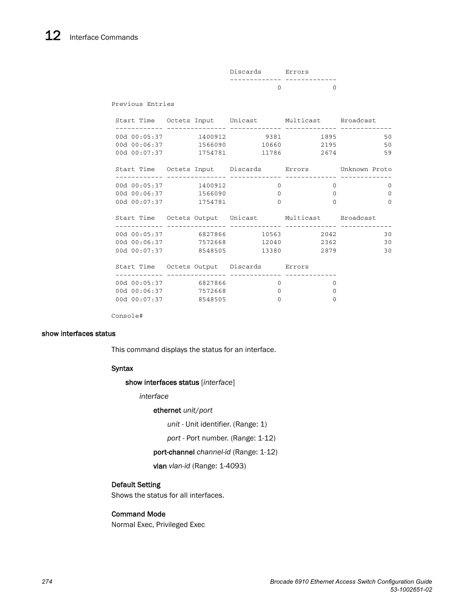 Show interfaces status | Brocade 6910 Ethernet Access Switch Configuration Guide (Supporting R2.2.0.0) User Manual | Page 330 / 1240