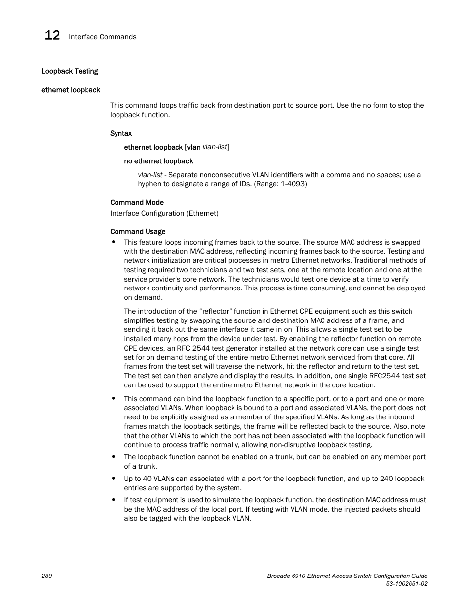 Loopback testing, Ethernet loopback | Brocade 6910 Ethernet Access Switch Configuration Guide (Supporting R2.2.0.0) User Manual | Page 336 / 1240