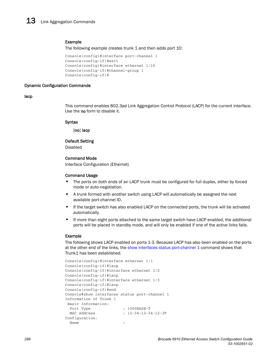 Dynamic configuration commands, Lacp | Brocade 6910 Ethernet Access Switch Configuration Guide (Supporting R2.2.0.0) User Manual | Page 344 / 1240