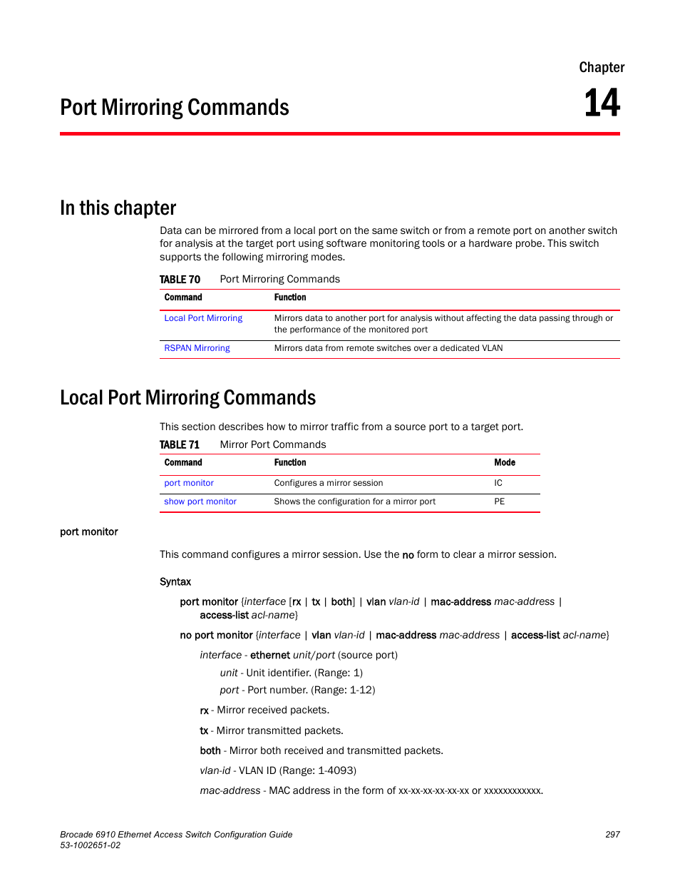 Port mirroring commands, Local port mirroring commands, Port monitor | Chapter 14, Table 70, Table 71, Chapter | Brocade 6910 Ethernet Access Switch Configuration Guide (Supporting R2.2.0.0) User Manual | Page 353 / 1240