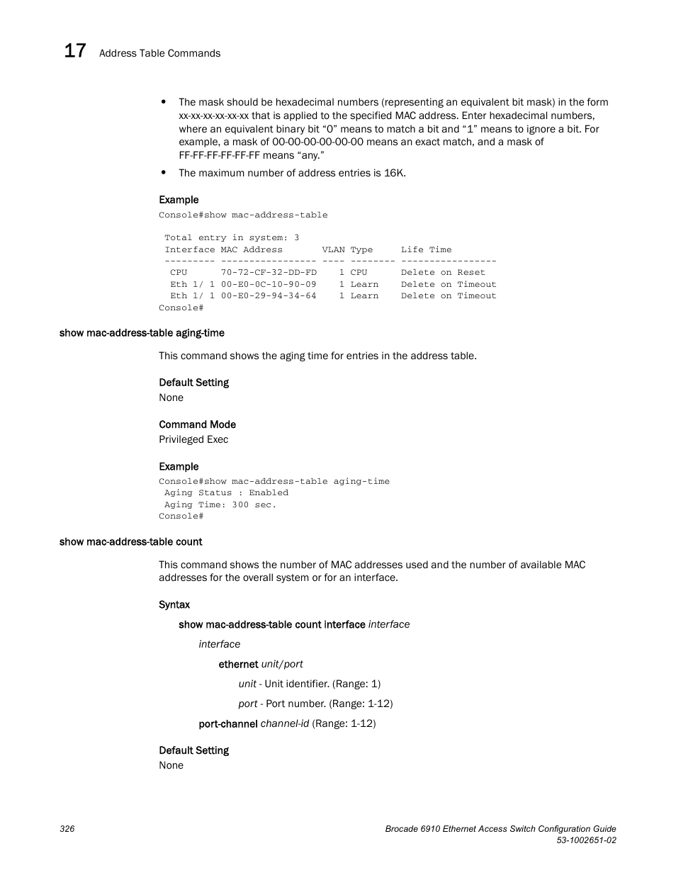 Show mac-address-table aging-time, Show mac-address-table count | Brocade 6910 Ethernet Access Switch Configuration Guide (Supporting R2.2.0.0) User Manual | Page 382 / 1240