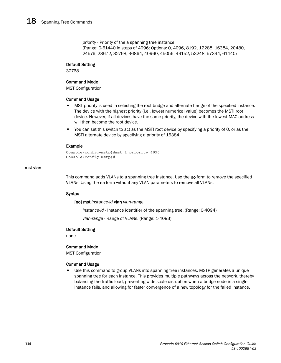 Mst vlan | Brocade 6910 Ethernet Access Switch Configuration Guide (Supporting R2.2.0.0) User Manual | Page 394 / 1240