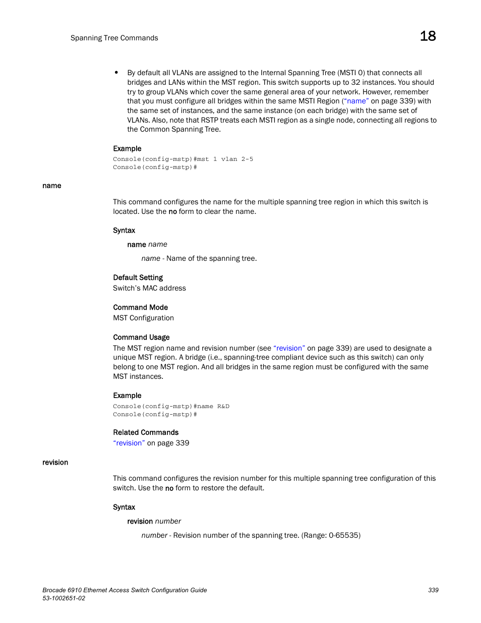 Name, Revision, Name revision | Brocade 6910 Ethernet Access Switch Configuration Guide (Supporting R2.2.0.0) User Manual | Page 395 / 1240